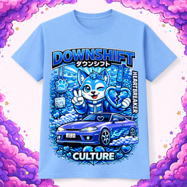 Downshift Culture “Heartbreaker Cat” Kids JDM Tee – Blue Drift Shirt
