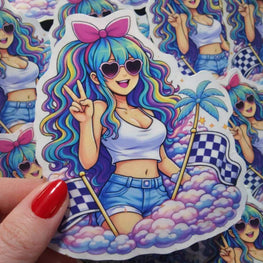 Rainbow Racer Anime Girl Sticker with rainbow hair, heart sunglasses, and checkered flags for JDM car culture and anime fans