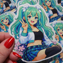 Turbo teal anime girl die cut sticker with JDM car culture design by Downshift Culture