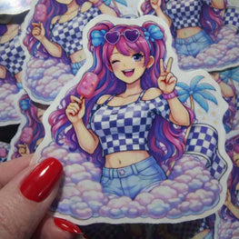 Candy Clouds Anime Girl Sticker featuring pink-purple haired anime girl with heart shades in pastel clouds for JDM car culture and stickerbombing.